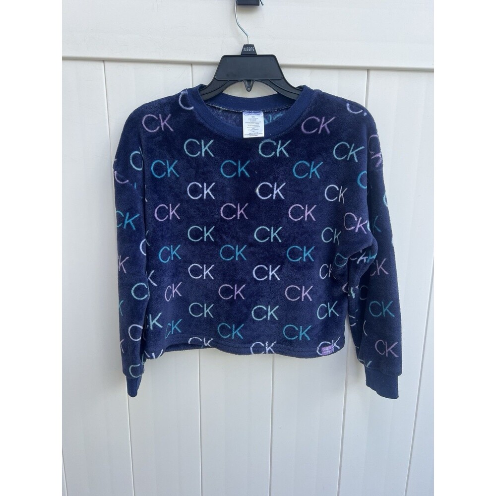 Calvin Klein CK Girls Navy Plush Fleece Long Sleeve Top Pants Pajama L 10 12